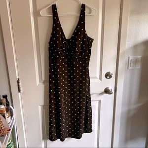 Brown swing dress with blue polka dots